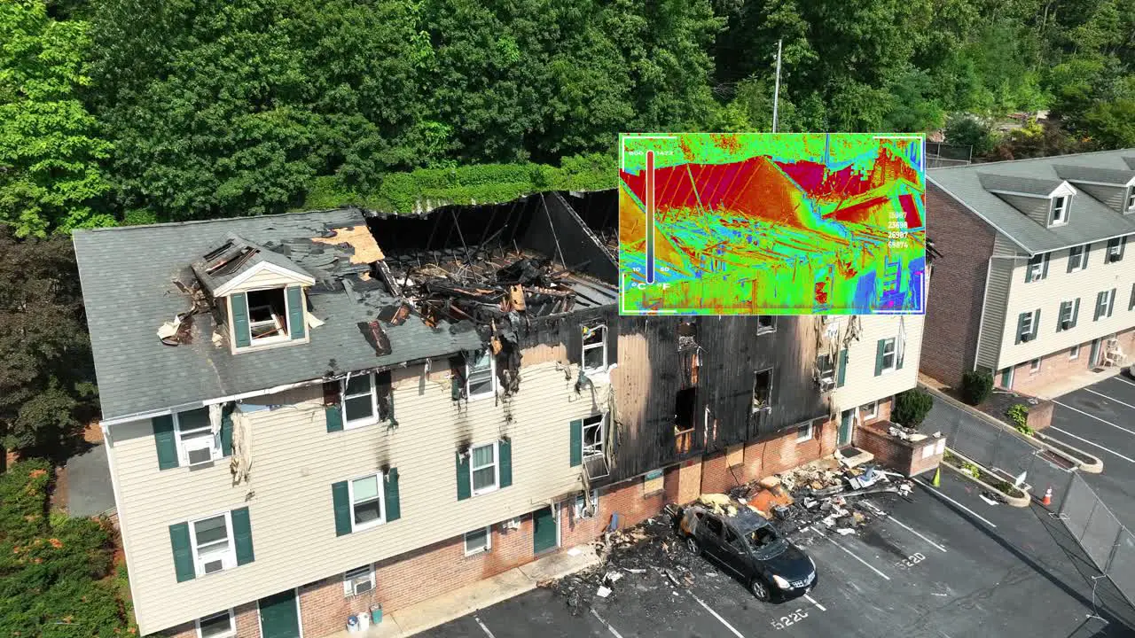 Thermal drone camera scanning collapsed roof after house apartment fire