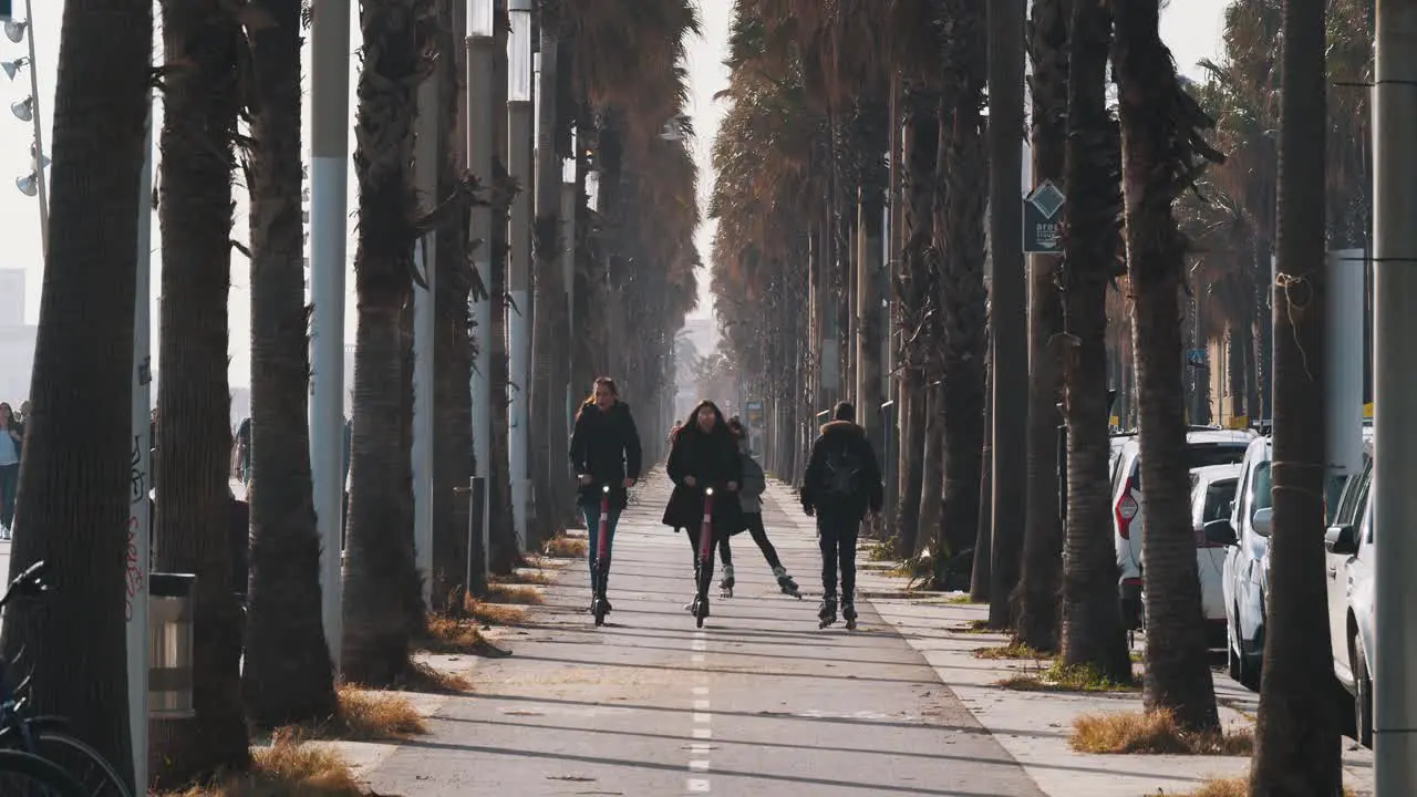 Two girls on an electric scooter in between a beautiful avenue of trees in barcelona spain