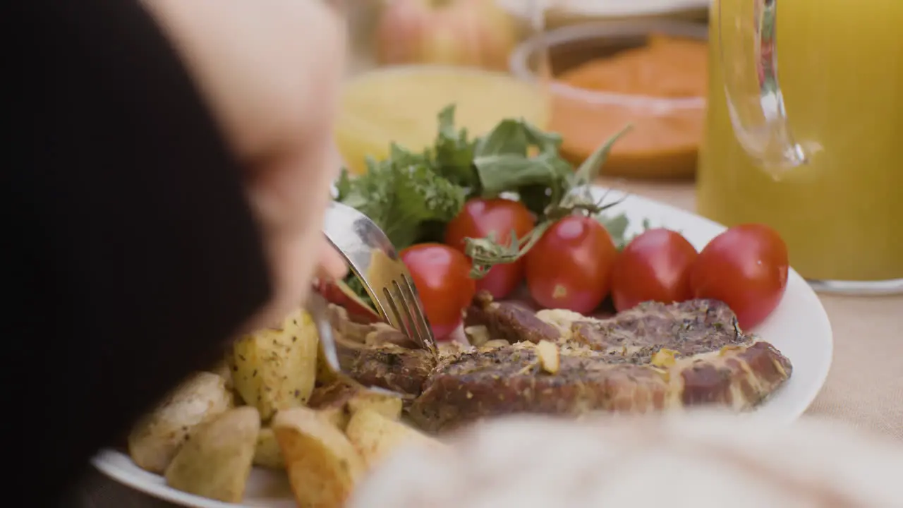 Close Up View Of A Man Hand Cutting A Meat Fillet From A Plate With Vegetables And Potatoes During An Outdoor Party In The Park