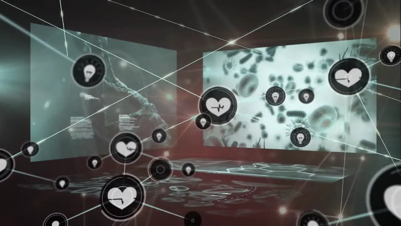 Animation of icons connected with lines over dna helix computer language and infected blood cells