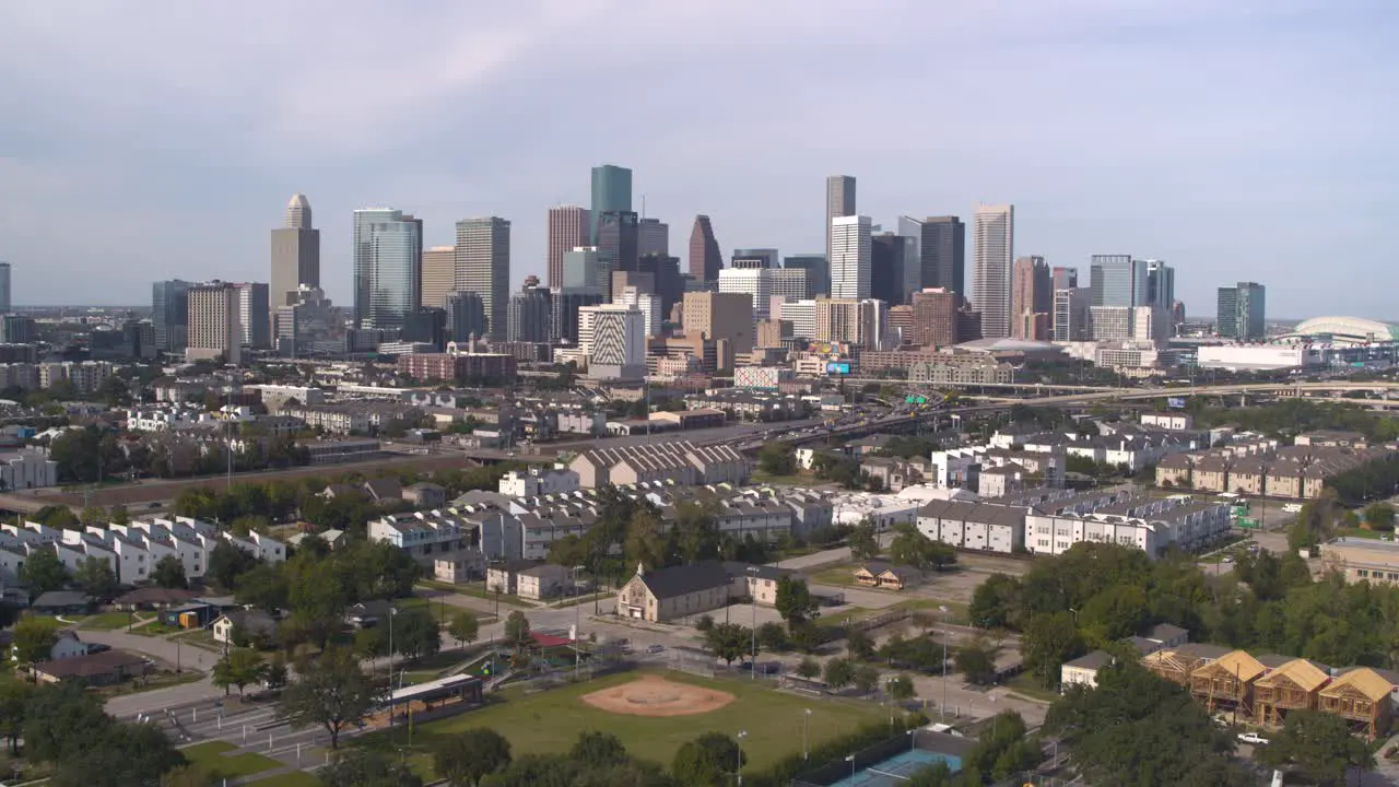 Drone view of downtown Houston and surrounding landscape