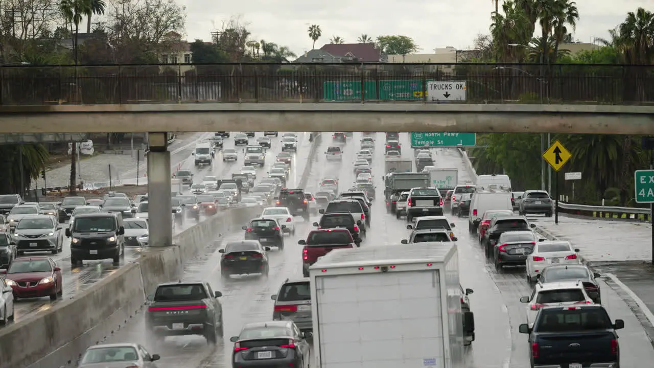 Heavy Traffic on the 101 Freeway in Los Angeles in the Rain Flooding