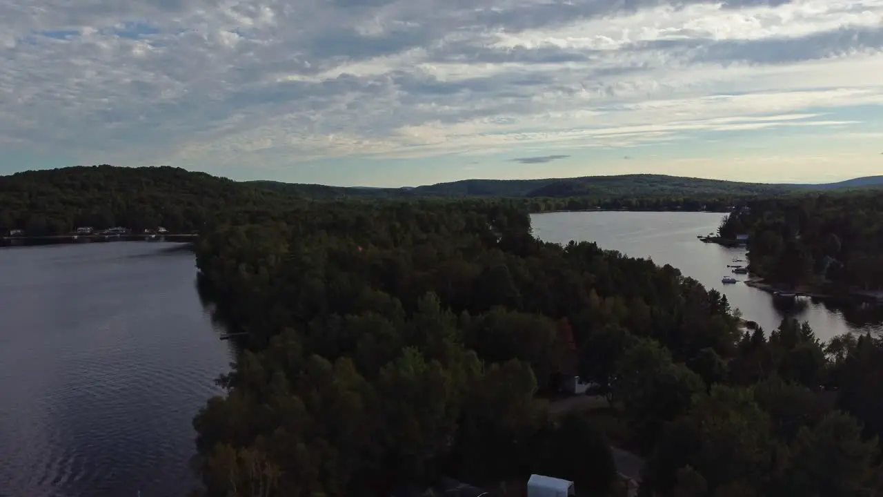 Aerial shot over a lake in Quebec Canada