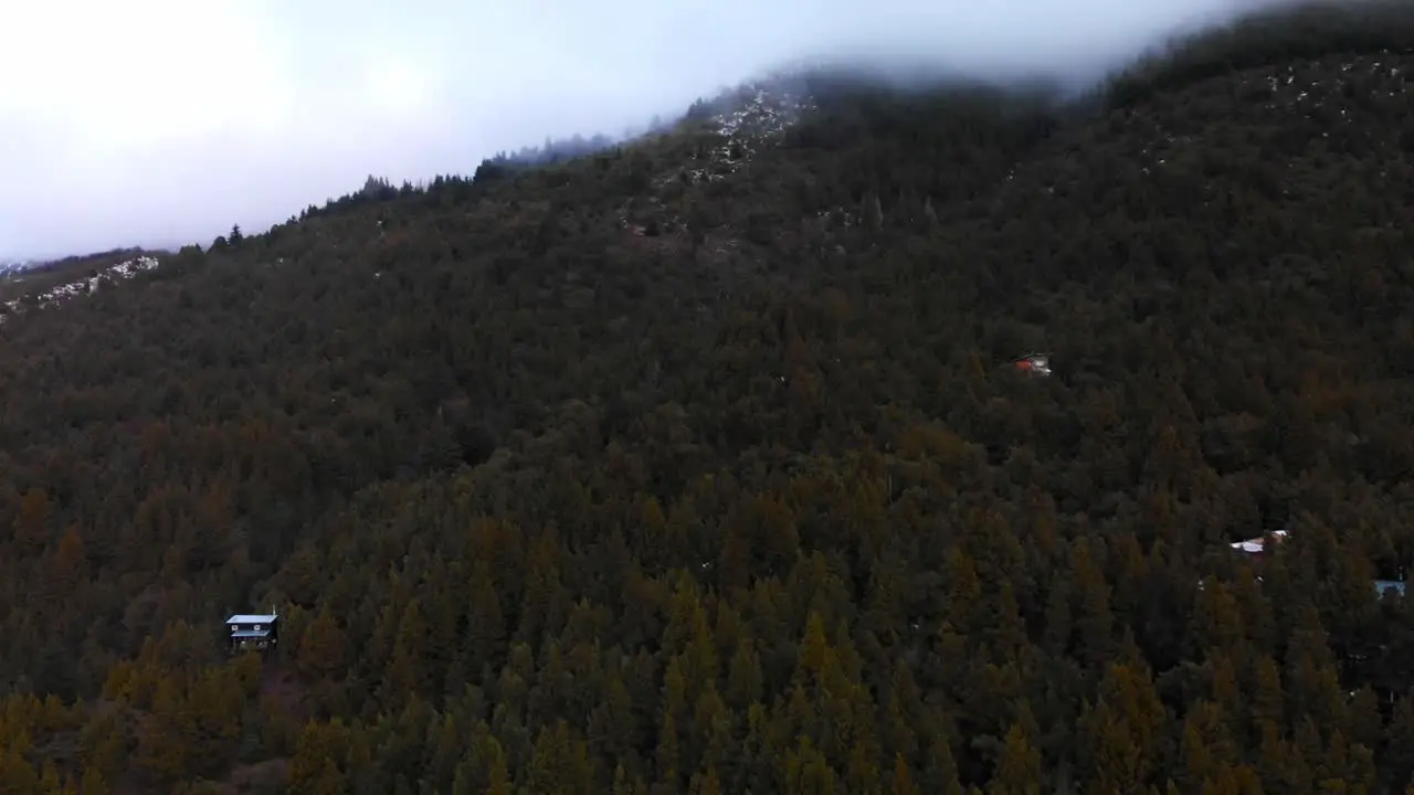 Capturing an aerial perspective of a Patagonian mountain adorned with both a lush forest and drifting clouds