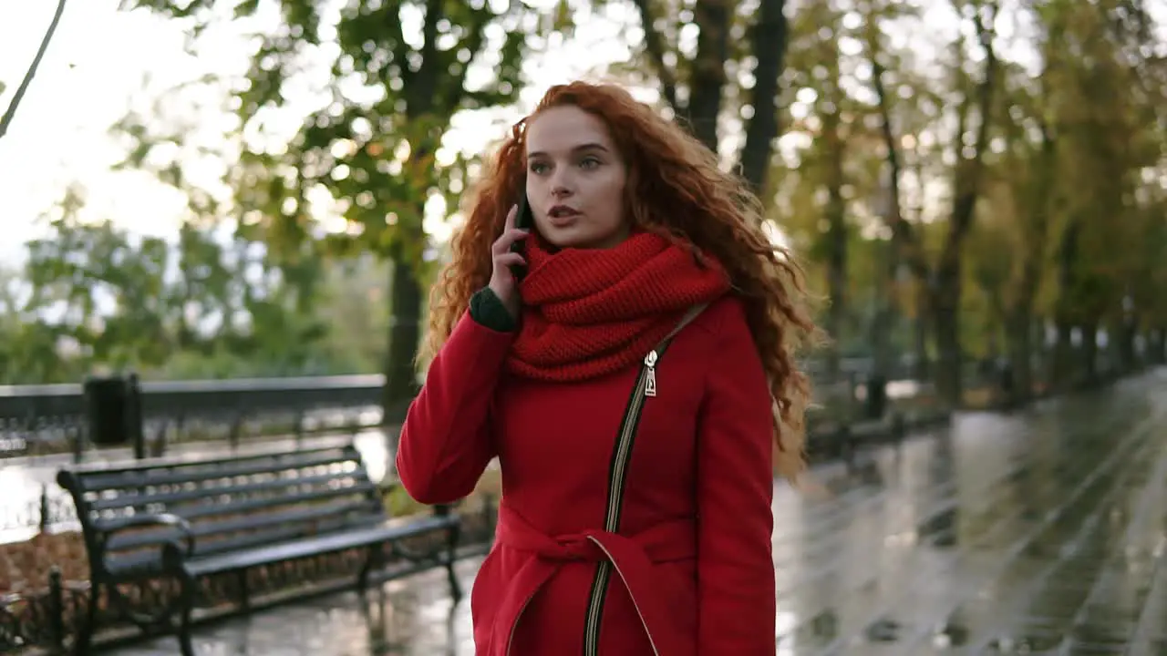 Young Beautiful Woman Talking On Her Mobile Phone On A Background Of Yellow And Red Leaves While Walking In The Autumn Park