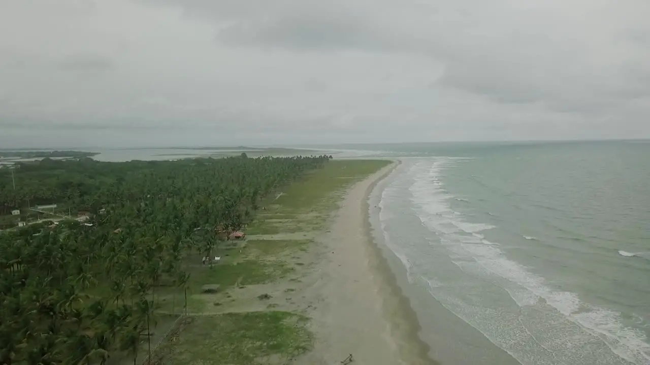 Endless sandy beach of Ecuador with palm tree forest on moody stormy day aerial drone shot