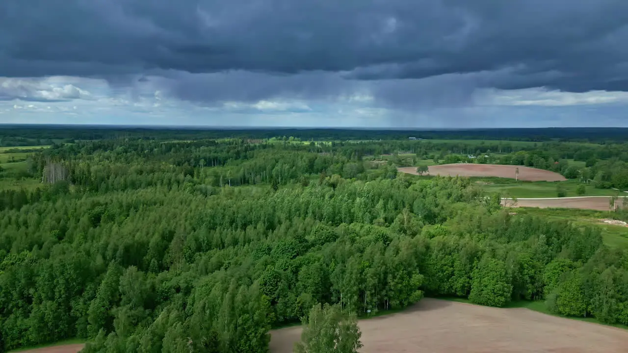 Lush Green Forest Trees with Stratonimbus Clouds Hang Over the Countryside Landscape of Latvia from an Aerial Drone Shot