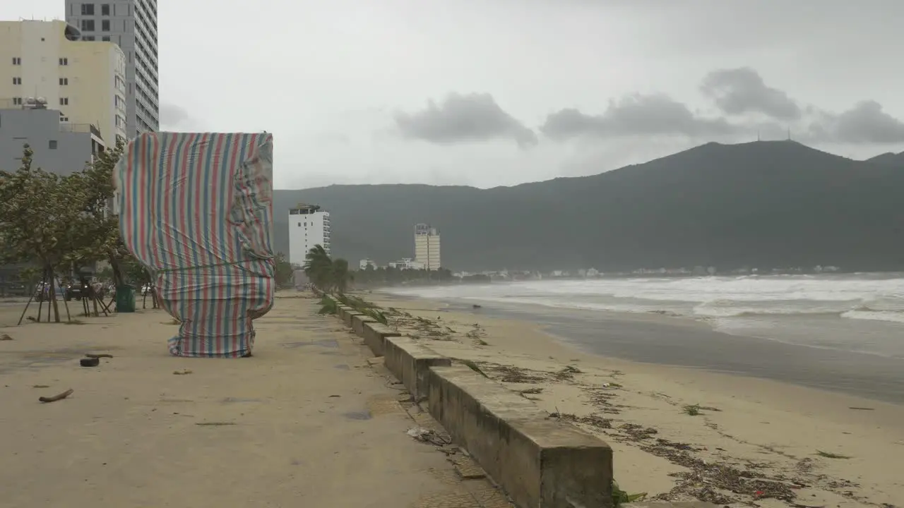 Strong Wind and Rough Sea on Dark Day Incoming Tropical Storm on Coast of Da Nang City Vietnam