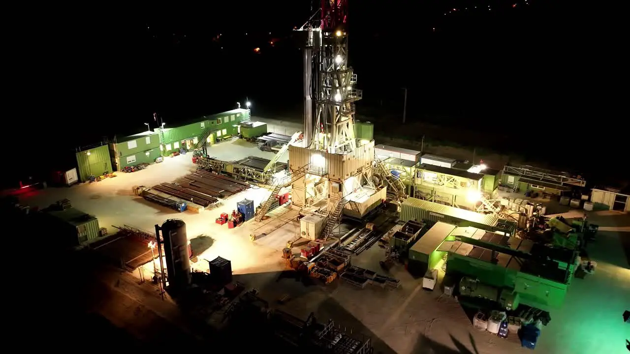 Oil Platform With Night Lights aerial drone shot