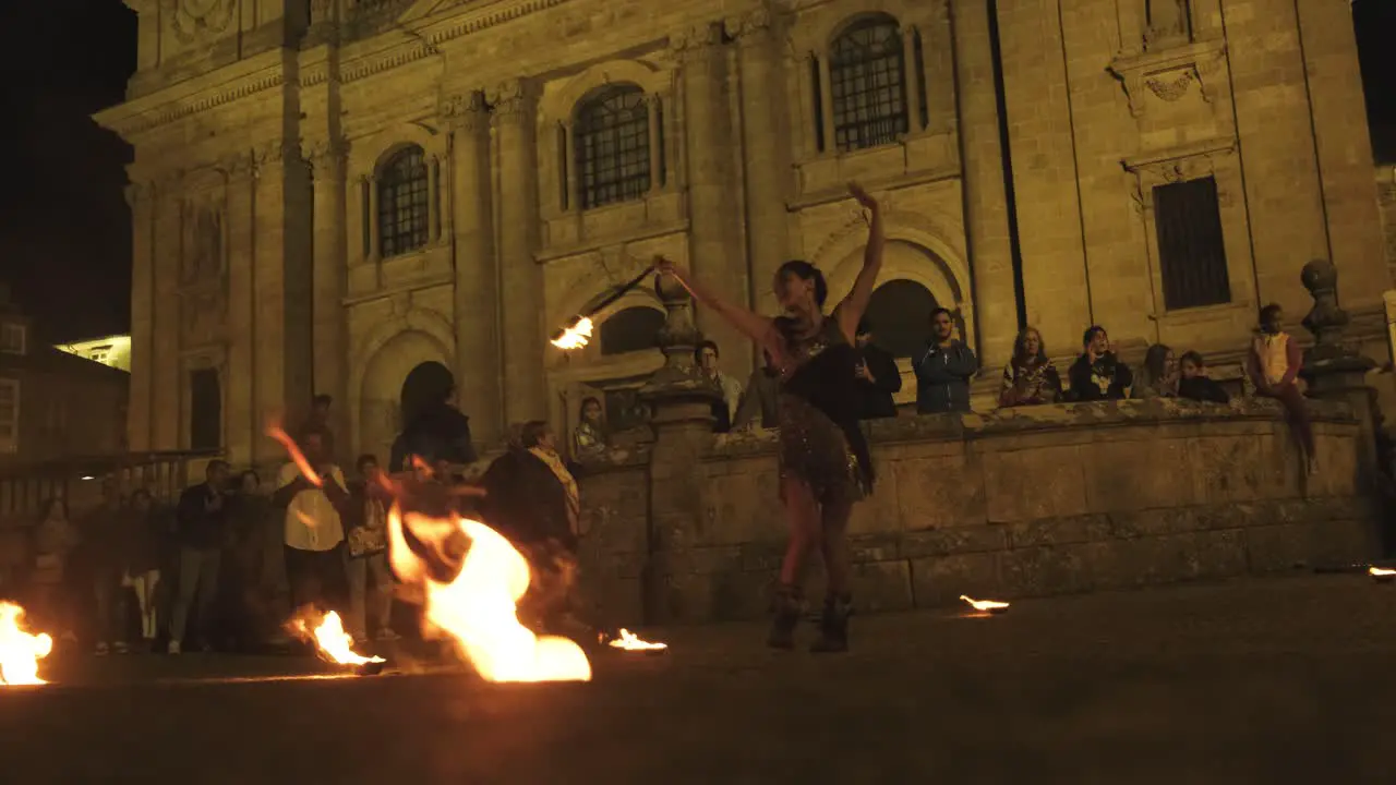 Nighttime Fire performance in the streets of Lugo City from Medieval Festival Slow motion