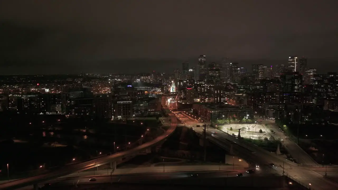 Drone shot of Denver Colorado at night