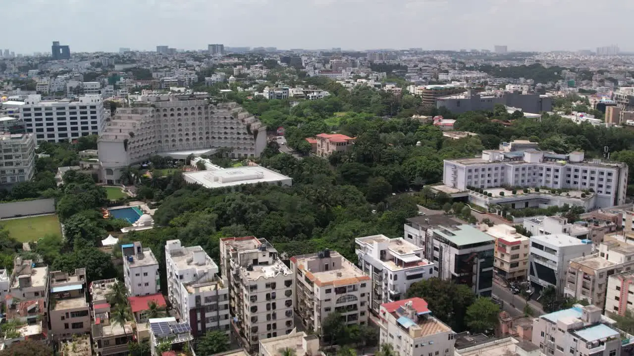 Aerial footage of Ritzy Banjara Hills is an upscale dining and nightlife hub centered on Road Number 1 where smart bars and cafes high-end Indian restaurants and hotels with nightclubs