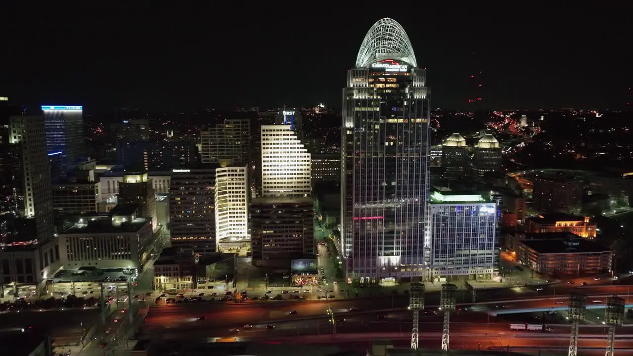 Aerial view around the Great American Tower and the evening skyline of Cincinnati USA