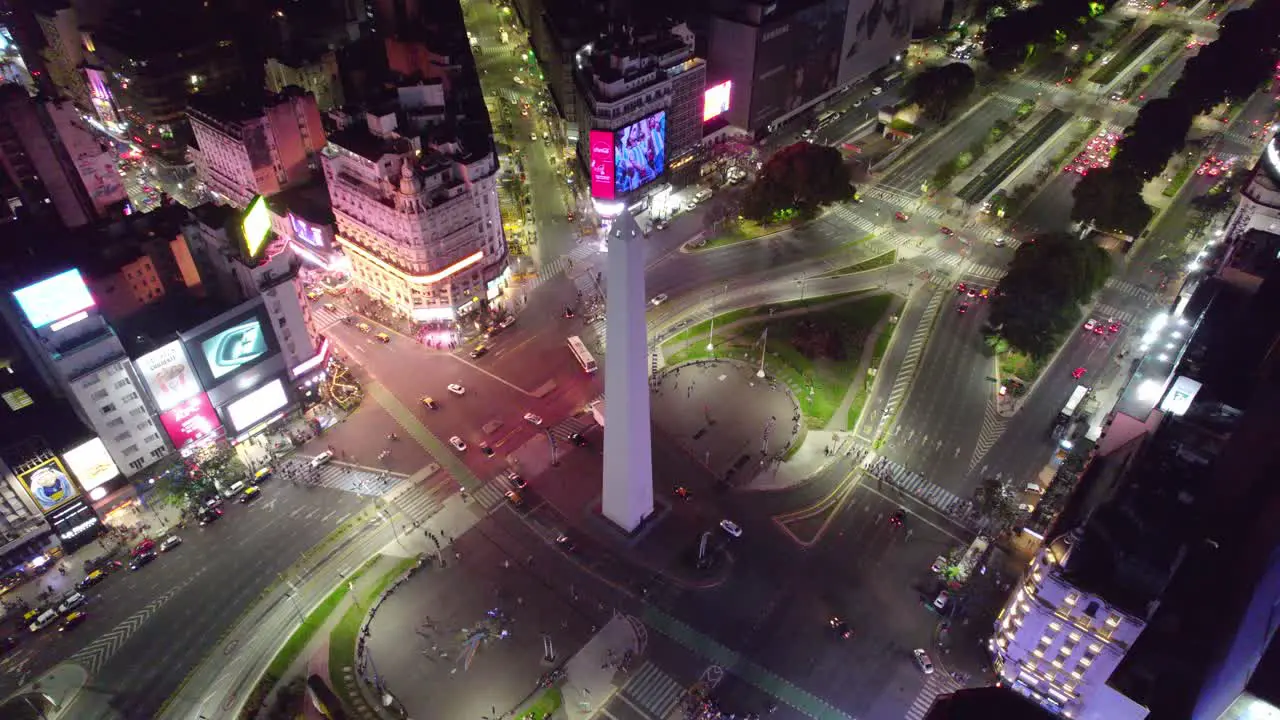 Aerial orbit of the Buenos Aires Obelisk on the widest avenue in the world 9 de Julio