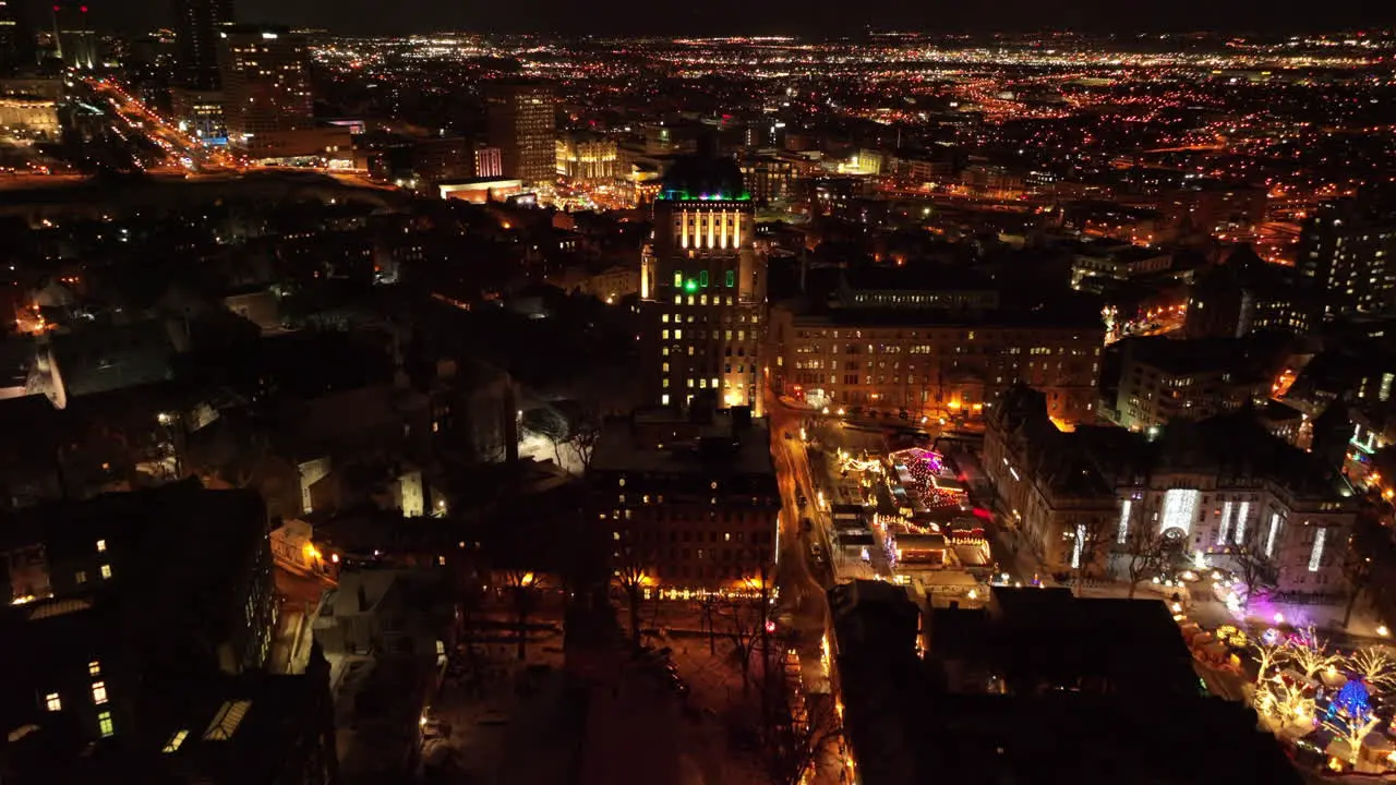 View Of Old Quebec Neighbourhood in Quebec City Canada During Nighttime aerial drone shot