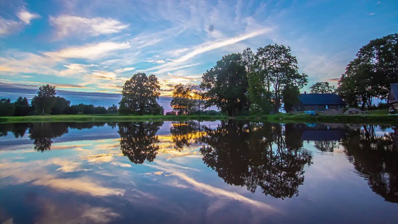 A colorful cloudscape sunset across a lake with a cottage and trees time lapse with the sky reflecting on the surface of the water