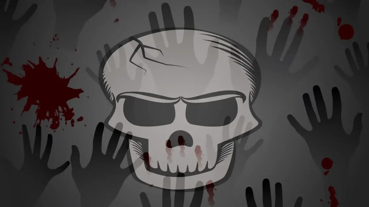 Animation of skull and hands on gray background