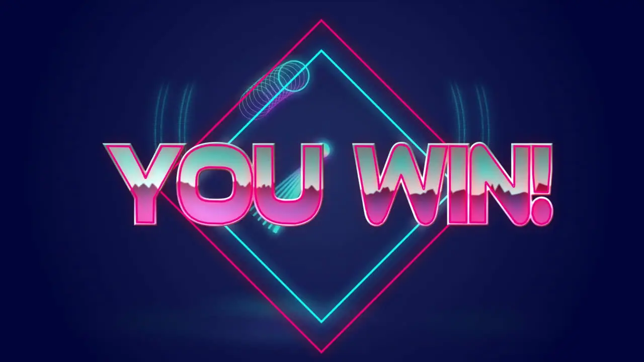 Animation of you win text and shapes on blue background