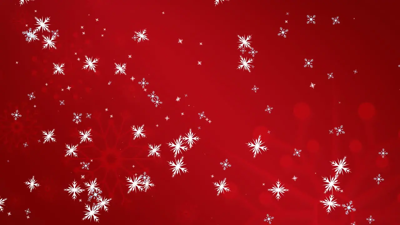 Animation of snowflakes floating and falling against red background with copy space