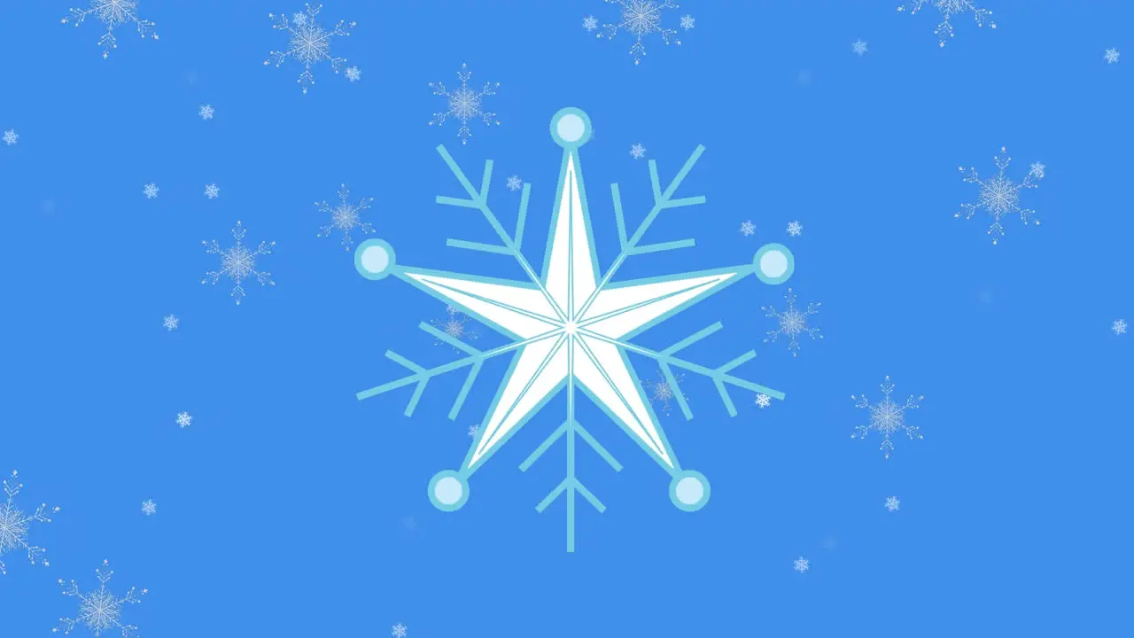 Animation of snowflake icon over multiple snowflakes against blue background with copy space