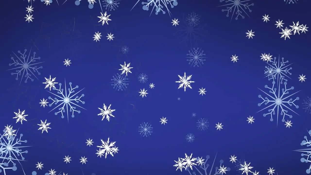 Animation of snowflakes floating and falling against blue background with copy space