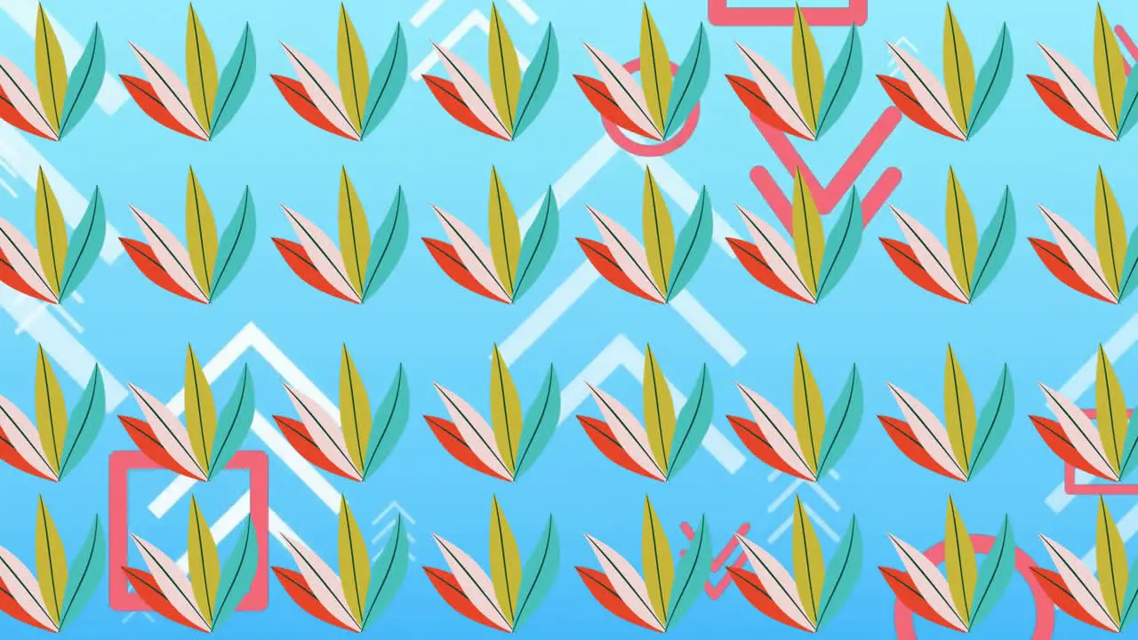 Animation of leaves and shapes on blue background