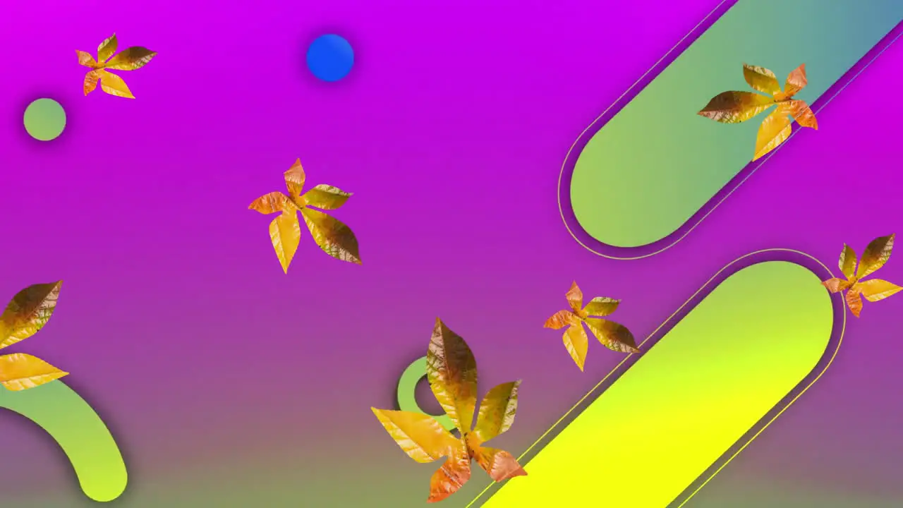 Animation of leaves and green shapes on purple background