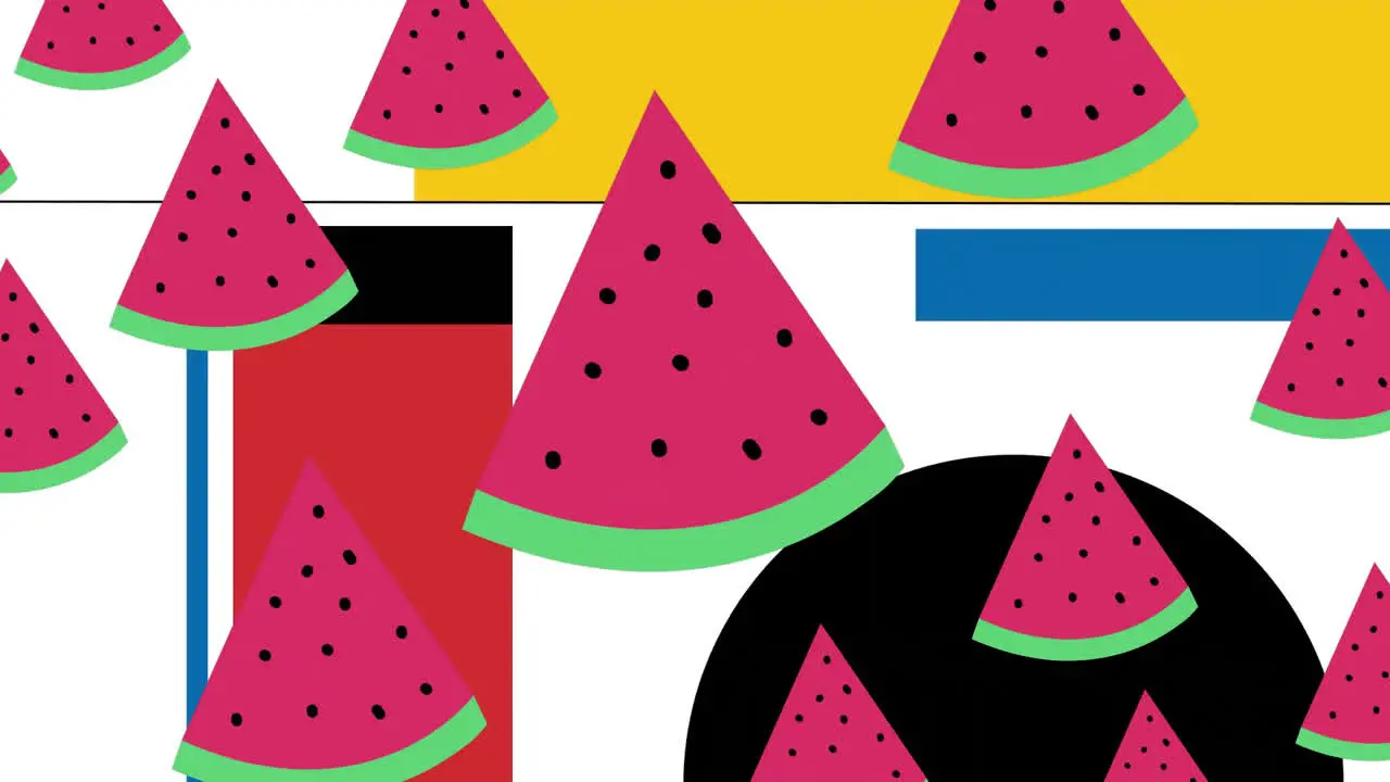 Animation of watermelon over colourful shapes on white background