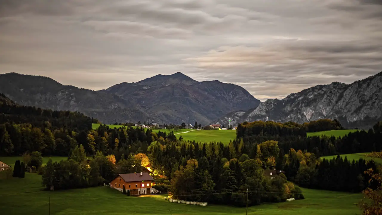 Timelapse video high hills and fields covered with trees