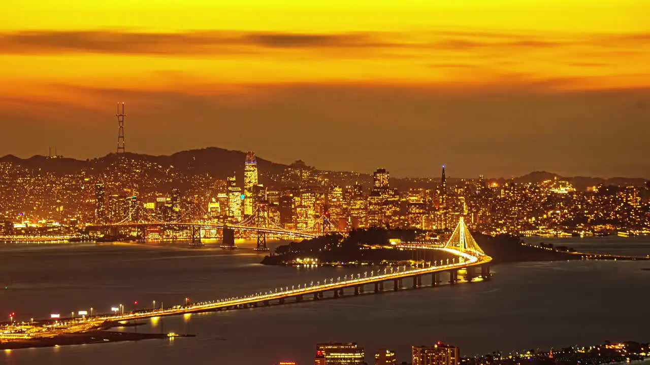 San Francisco Bay Bridge Oakland California sunset to nighttime time lapse