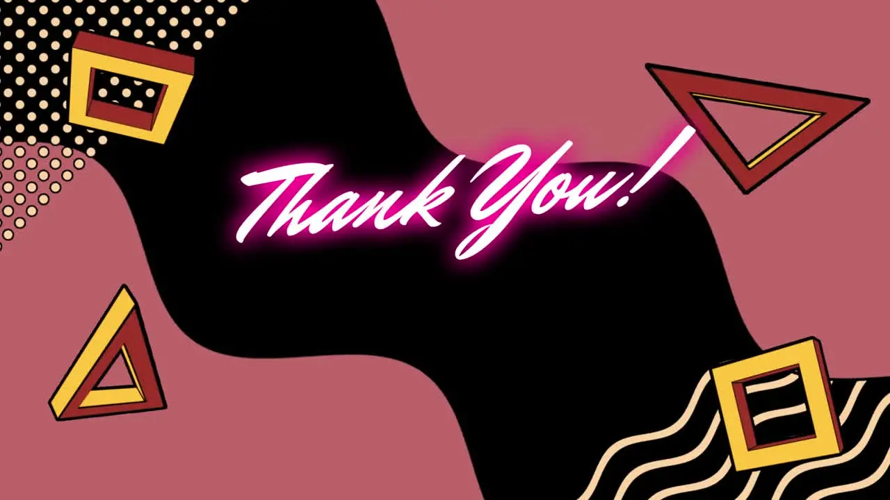 Animation of thank you text over shapes on black background