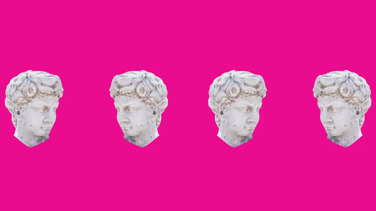 Animation of interference over head sculptures on pink background