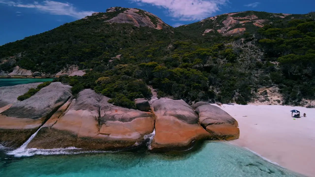 Wanderlust location aerial of crystal clear turquoise waters of little beach Western Australia located on two peoples bay