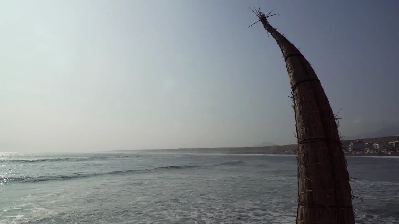 A Traditional Caballito de totora Boat Standing Along the Beach in Huanchaco Trujillo La Libertad Peru