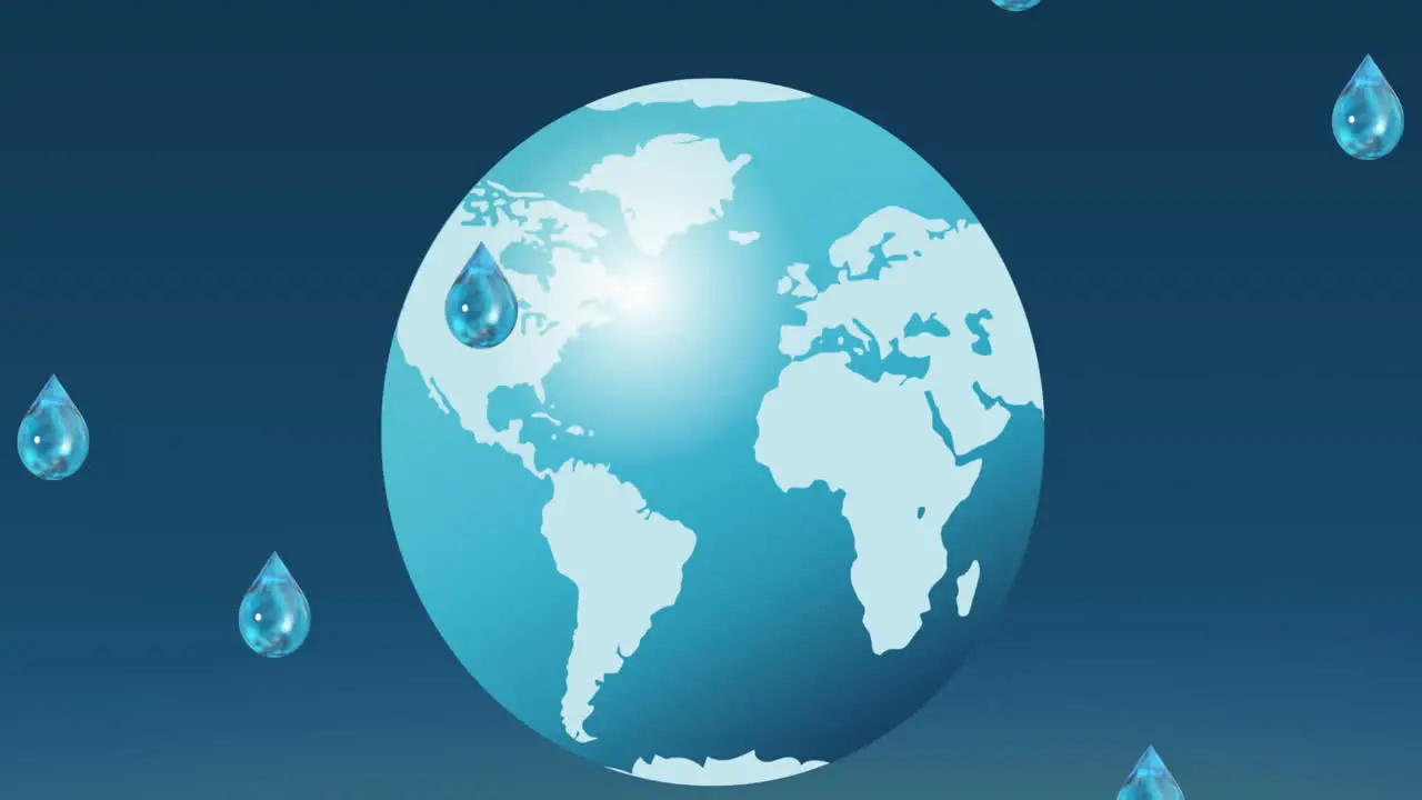 Animation of water dropping over globe on blue background