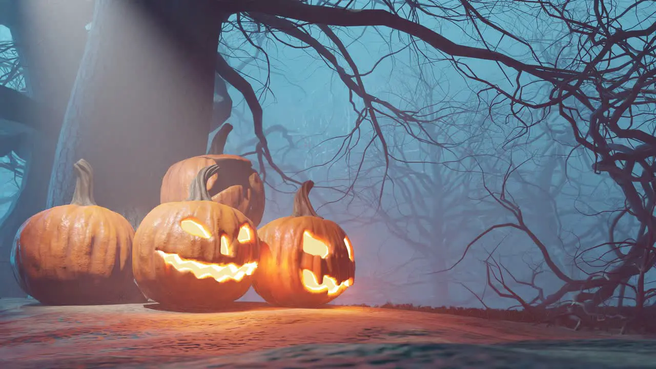 Scary Halloween forest with mist and carved pumpkins