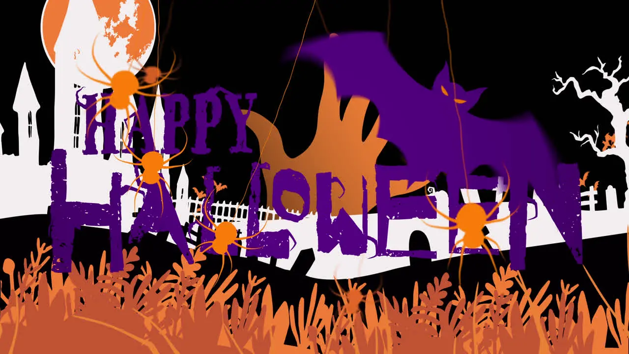 Animation of happy halloween spiders cemetery and haunted house in black background