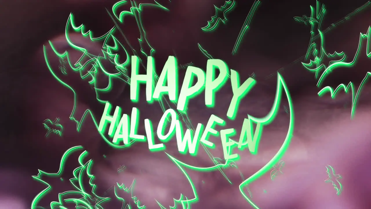 Animation of happy halloween text and green ghosts pink background