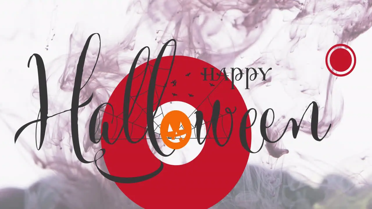 Animation of happy halloween text and pumpkin over smoke on white background