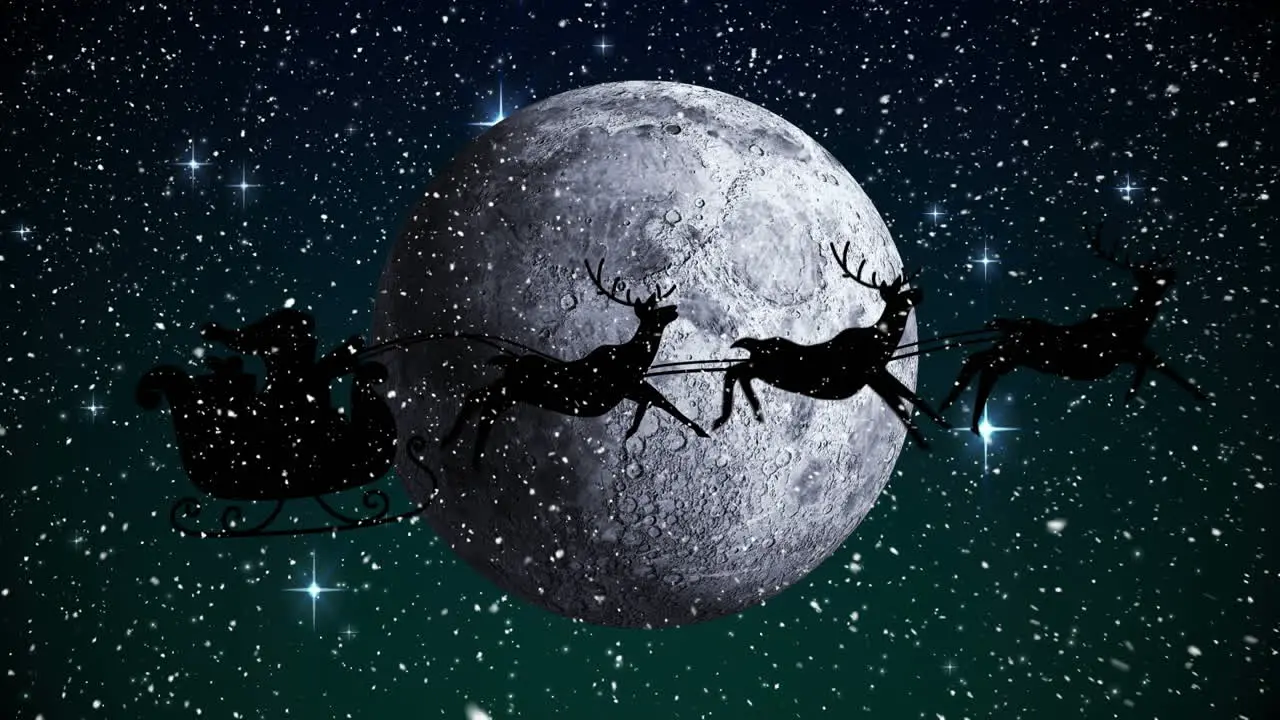 Snow falling over santa claus in sleigh being pulled by reindeers against moon and shining stars