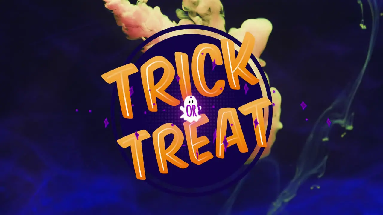 Animation of trick or treat text and ghost over orange smoke background