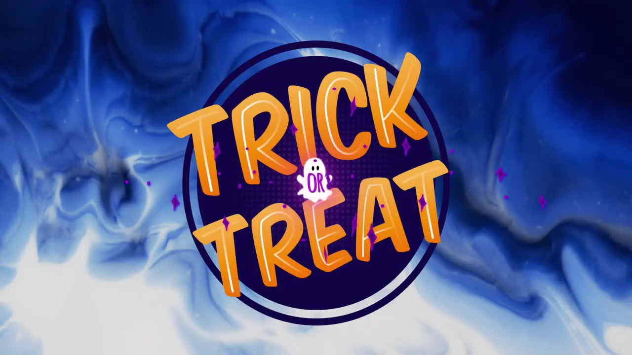 Animation of trick or treat text and ghost over blue smoke background