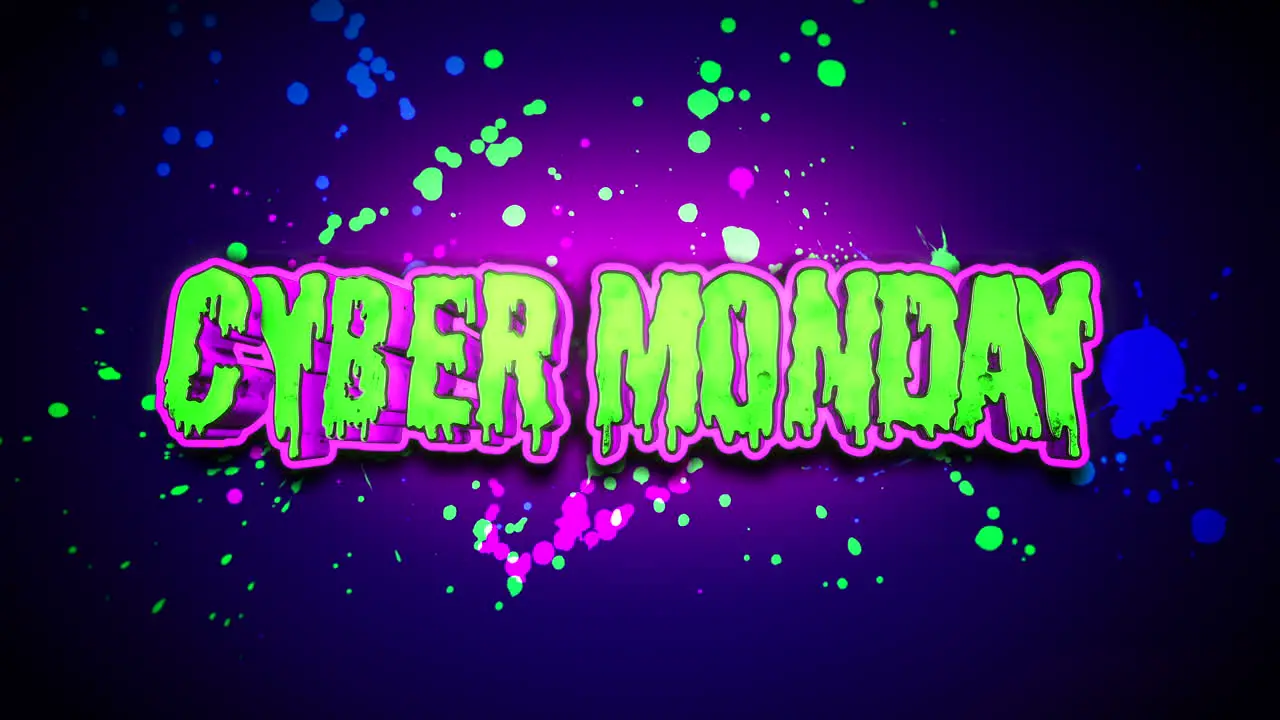 Green Cyber Monday cartoon text with ink splashes on blue texture