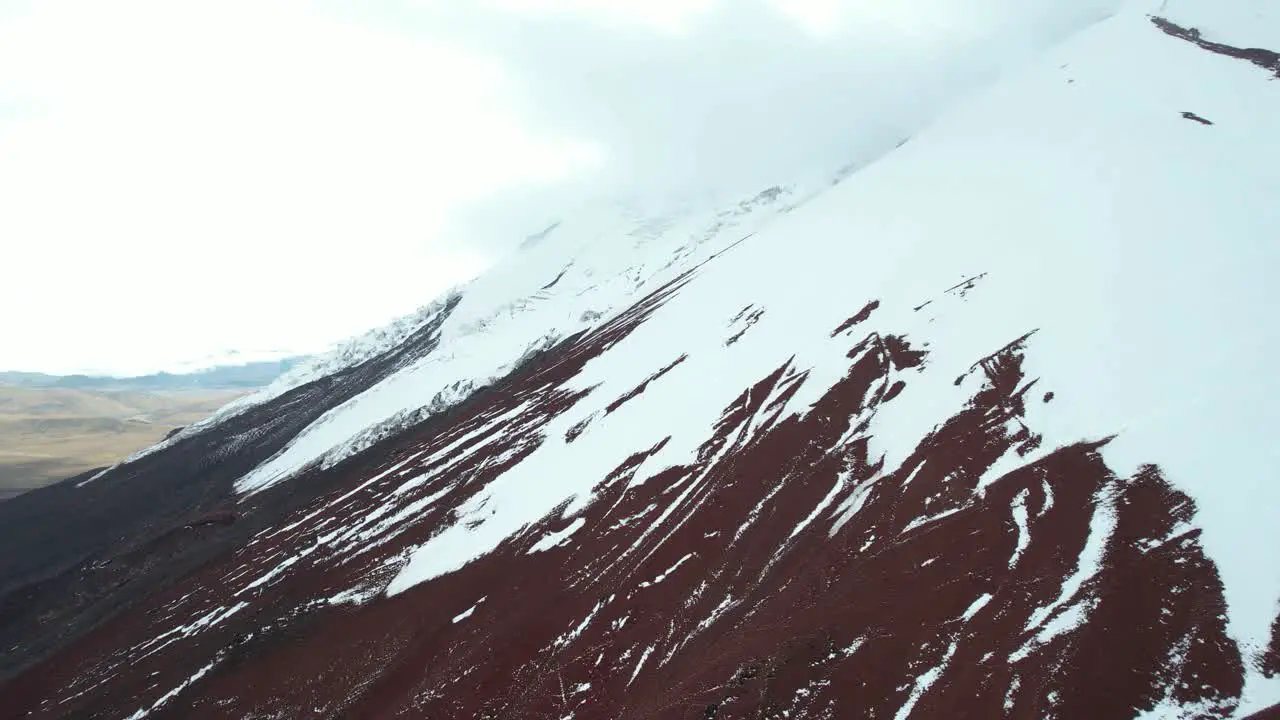 Drone Aerial View of Cotopaxi Volcano and Glacier Ice Caps and Lava Hills on High Elevation Drone Shot