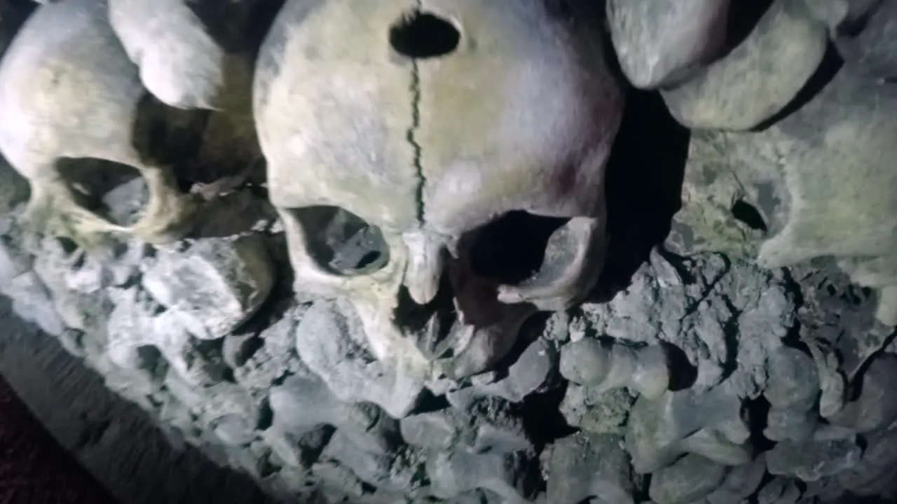 Closeup of stacks of skulls in Catacombs