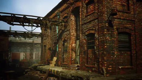 abandoned industrial factory buildings at sunset