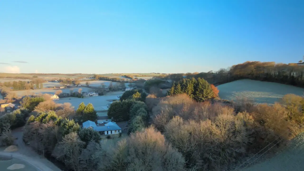 Circular aerial view over Irish countryside on a frosty morning in December