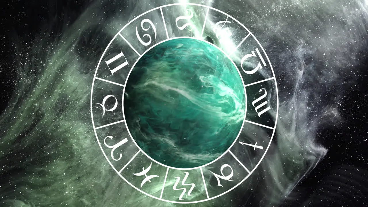 Animation of green planet and zodiac in black space with smoke