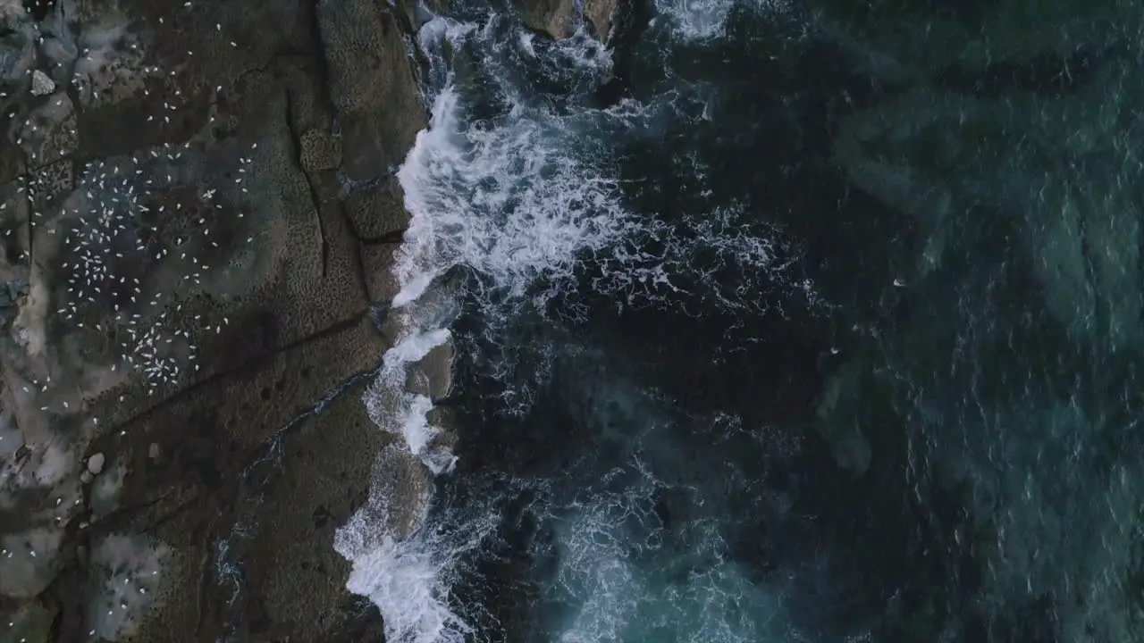 aerial pan of ocean waves crashing onto the rocky coastline