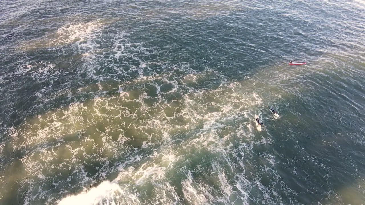 Aerial view of surfers at the Santa Cruz Boardwalk and Beach California shot in 4k high resolution